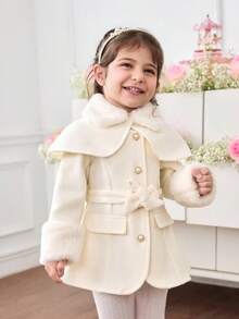 SHEIN 女婴休闲可爱拼布人造毛皮腰带斗篷大衣，节日装 - 白色 - 查看 9