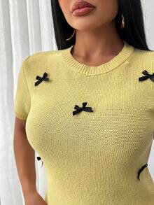 EURMUSE Áo len cổ tròn có chi tiết nơ cho nữ - Màu vàng - Xem 6