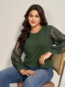 Comfylo 加大码女式柔软纹理罗纹拼布透视刺绣向日葵上衣感恩节女式新年衣服女式狂欢新年除夕 - 墨綠色 - 查看 8