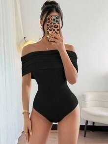 Rafferiza 女士优雅露肩褶边紧身衣，修身款，夏季