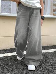 SHEIN 青少年男童口袋宽松阔腿休闲百搭牛仔裤 Y2K 灰色宽松牛仔裤 秋冬款