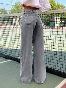 EURMUSE Women's Solid Color Low Rise Wide Leg Cut Grey Jeans - Grey - View 2
