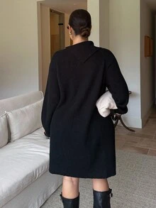 Dripcurv Plus Size Women's Casual Black Knit Dress, Minimalist Daily Wear, Retro Vintage Style, Suitable For Autumn/Winter And New Year - Black - View 2