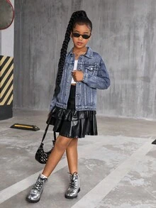 Girls' Oversized Dark Blue Denim Jacket, Casual BF Style, Distressed Wash, Suitable For Daily Wear, Outdoor, Spring/Autumn/Winter Fall - Dark Wash - View 4