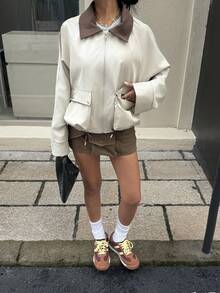 Muchica Autumn New Khaki Color Lapel Collar Short Jacket With Large Pockets - Apricot - View 7