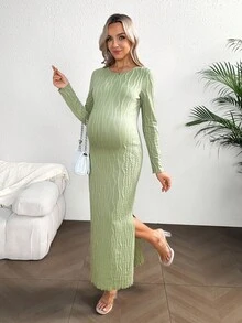 SHEIN Vestido de maternidad minimalista de unicolor, ajustado, sin espalda, de manga larga y con lazo en la espalda - Verde - Ver 8