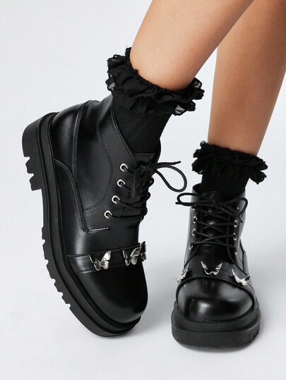 Grunge Punk Damen Gothic-Stil Plateau-Stiefel mit rundem Zehenbereich, Klobiger Absatz, PU-Leder, Schmetterlings-Design, Schwarz, Punk-Stil, geeignet für Party, Alltag und Lässig-Looks, Halloween