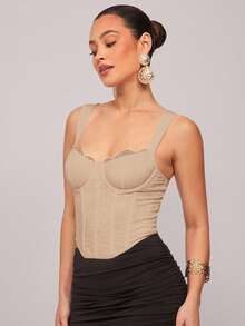Silquee Áo ngực ren chắp vá bó sát toàn thân dành cho nữ, áo tuyệt đẹp với viền cong, áo corset ren hoa, thích hợp cho kỳ nghỉ xuân, kỳ nghỉ biển, buổi tối đi chơi, tụ tập, tiệc bãi biển, tiệc hồ bơi, ngày lễ, tiệc thường ngày, nghỉ dưỡng tại cabin, trang phục hàng ngày - Màu Khaki - Xem 6