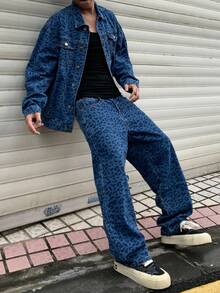 Manfinity EMRG 男士豹纹休闲长袖夹克和牛仔裤套装中性款 Z 世代印花蓝色 OVERSIZE 街头秋季服装 - 中等水洗藍 - 查看 5