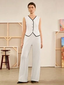 Chiquease Women's Spring/Autumn Bohemian Button Decor V-Neck Short Vest Matched With Long Wide-Leg Pants Commuter Outfit, Apricot Tweed Contrast Color Set - Apricot - View 7