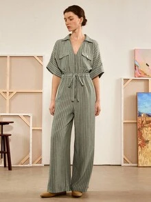 Florisole 女式条纹腰带口袋翻领短袖休闲连体裤