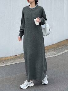 FRIFUL 女式纯色深灰色圆领落肩长袖直筒超长毛衣裙，秋季休闲外套连衣裙