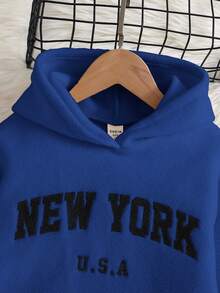 SHEIN 年轻女孩 2 件套摇粒绒字母刺绣落肩弧形下摆连帽衫和紧身裤套装，运动风格，非常适合秋冬季休闲日常穿着和学校日常穿着 - 藍色 - 查看 4