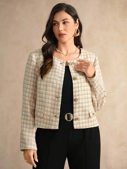 Flouryn Elegante Tweed-Kurzjacke mit Metallknöpfen für Damen, Große Größen