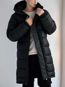 SHEIN Teen Boys' Padded Puffer Coat Casual Comfortable Versatile Hooded Long Winter Quilted Coat Fall Autumn And Winter New Knee-Length Black Hooded Pocket Collegiate Style Winter  Warm Down Jacket For Teen Boys Boys Long Coats Boy Winter Coat Puffer Jacket Kids Boy Jackets For Kids Black - Black - View 1