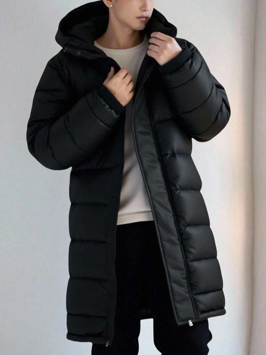 SHEIN Teen Boys' Padded Puffer Coat Casual Comfortable Versatile Hooded Long Winter Quilted Coat Fall Autumn And Winter New Knee-Length Black Hooded Pocket Collegiate Style Winter  Warm Down Jacket For Teen Boys Boys Long Coats Boy Winter Coat Puffer Jacket Kids Boy Jackets For Kids Black - Black - View 1