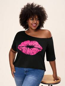 Comfylo Plus Lip Print Asymmetrical Neck Tee Business Casual Fall Clothes Plus Size - Black - View 6
