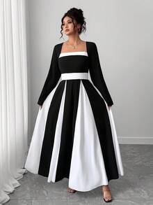 Elenzga Elegant Minimalist Color Block Long Sleeve Square Neck Dress Fall Cloth For Women - Black and White - View 3