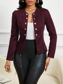 SHEIN Lady Viersaisonenjacke / Kirchengarderobe / Wildleder-Jacke mit schwarzen Knopfdetails, offene Vorderseite für Herbst/Winter