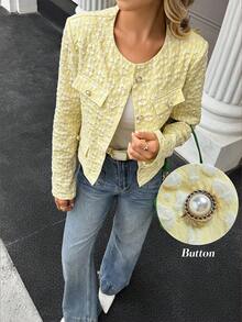 Selianne Women's Casual Jacquard Front Button Round Neck Jacket, Autumn