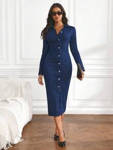 SHEIN Tall Women's Button-Up Long Sleeve Denim Bodycon Dress - Dark Wash - View 5