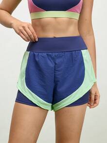 SHEIN Sports Quần short thể thao thời trang mùa hè 2 trong 1 cạp chun màu tương phản - Màu xanh lam - Xem 3