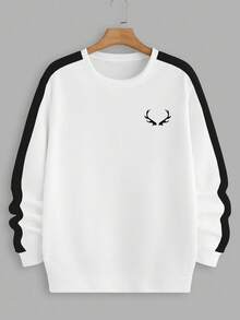 Manfinity Homme Men Fashionable Casual Young Casual Contrast Stripe Deer Silhouette Print Standard Fit Crew Neck Pullover Sweatshirt With Thermal Lined, Suitable For Autumn/Winter, Date, Party, Couples, Family Matching, Great Gift For Boyfriend