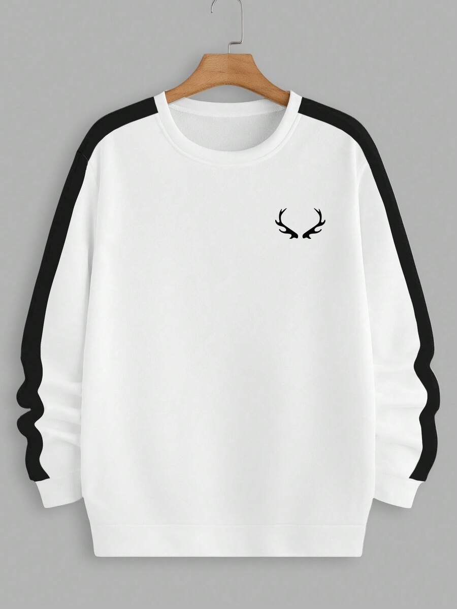 Manfinity Homme Men Fashionable Casual Young Casual Contrast Stripe Deer Silhouette Print Standard Fit Crew Neck Pullover Sweatshirt With Thermal Lined, Suitable For Autumn/Winter, Date, Party, Couples, Family Matching, Great Gift For Boyfriend