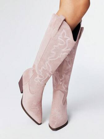 Fairycore Women's Autumn/Winter New Pointed Toe Chunky Heel Embroidered Ankle Boots, Suede Outdoor Fashion Slip-On Western Cowboy Boots