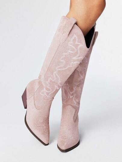 Fairycore Women's Autumn/Winter New Pointed Toe Chunky Heel Embroidered Ankle Boots, Suede Outdoor Fashion Slip-On Western Cowboy Boots