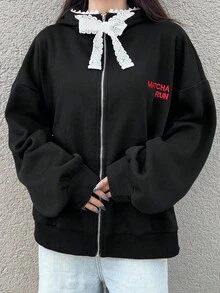 FRIFUL Women's Letter Print Lace Patchwork Black Hoodie Sweatshirt, Loose Fit Thick Thermal Lined Colorblock Jacket School - Black - View 4