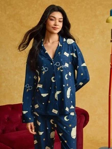 HARRY POTTER X SHEIN Women Cartoon Cat & Owl Print Button Front Long Sleeve Top And Pants Lounge Set, Fall Winter Clothes, Cozy Outfit