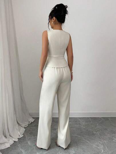 Elenzga Conjunto de camiseta sin mangas y pantalones elegante para mujer, estilo de oficina y transporte, atuendo de otoño para maestros