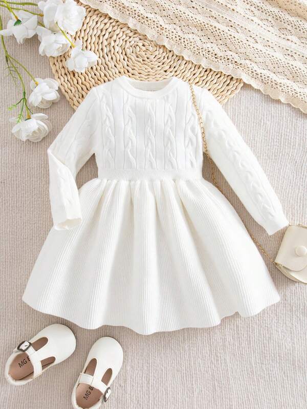 SHEIN Baby Girls' Minimalist Crew Neck Cable Knit Ribbed Sweater Dress Baby White Dress Cable Knit Baby Dress Baby Girl White Sweater Dress White Knit Dress Toddler White Long Sleeve Dress Fall Winter
