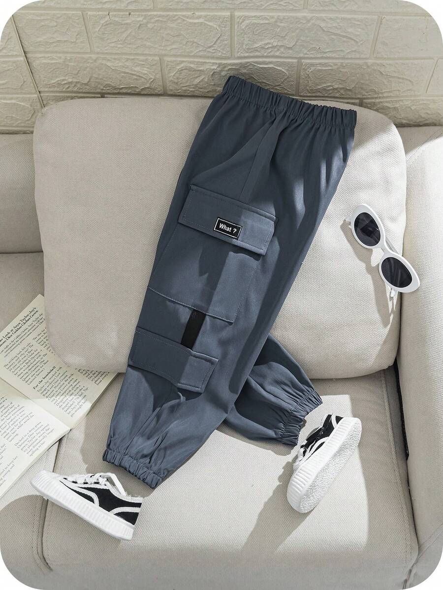 SHEIN 年輕男孩休閒舒適彈性腰運動褲，帶有彈性口袋 - 藍色 - 查看 1