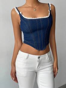 Aloruh Women's Dark Blue Ruffled Denim Top, Elegant Casual Lace Zipper Denim Top, Sexy Denim Vest - Blue - View 3