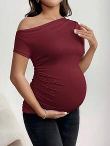 SHEIN Maternity Casual Everyday Solid Color Asymmetrical Neck Ruched Fitted T-Shirt, Summer - Burgundy - View 3