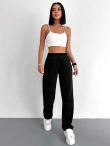 EURMUSE Cotton Solid Elastic Waist Straight Leg Sweatpants - Black - View 3