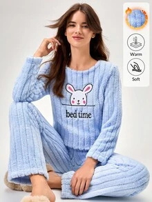 Loomlin Conjunto de pijama de 2 piezas de tela de peluche con detalles bordados de conejito lindo para mujer, ropa de casa y comodidad - Celeste - Ver 1