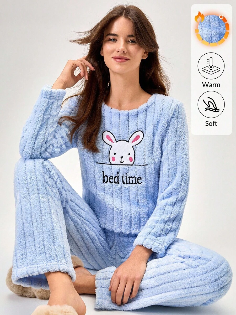 Loomlin Conjunto de pijama de 2 piezas de tela de peluche con detalles bordados de conejito lindo para mujer, ropa de casa y comodidad - Celeste - Ver 1
