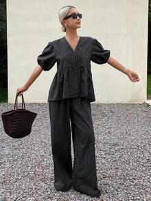 Livesso 女士夏季条纹泡泡袖V领宽松休闲裤两件套 - 黑色 - 查看 3