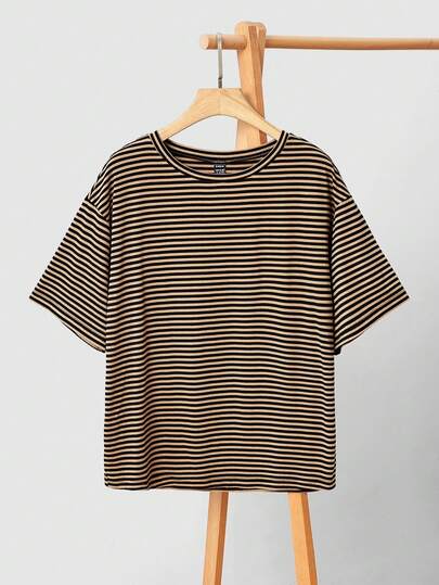  Uhlyne女装秋季新款简约休闲复古做旧通勤度假超大针织棕色条纹返校T恤条纹上衣棕色条纹上衣女款超大T恤棕色上衣美拉德风格夏季棕色