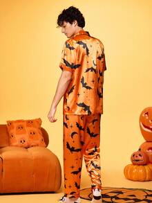 Notgurli 2 szt. zabawny nadruk graficzny na Halloween, rodzic-dziecko, impreza rodzinna, duch, dynia, kołnierz, spodnie z krótkim rękawem, wygodny domowy, miękki, bawełniany, satynowy zestaw piżamowy dla mężczyzn - Czarne - Zobacz 2