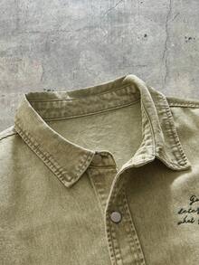 AXEPEAK 大码男士休闲时尚街头标语刺绣落肩宽松水洗牛仔衬衫，夏季