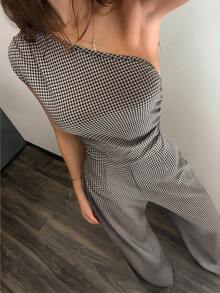 SHEIN Unity 时尚格纹单肩连体裤，修身直筒设计，高端性感，适合时尚女性 - 棕色 - 查看 1