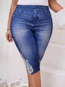 Chikora Plus Size Denim Effect Lace Patchwork Leggings - Blue - View 4