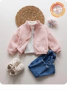 SHEIN Sweat-shirt-shirt rose à col montant tricoté, mignon et polyvalent, manches longues, automne/hiver