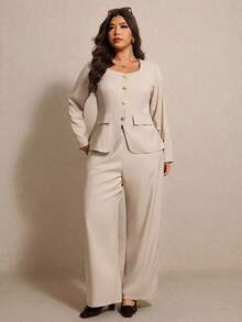 Elaquor Plus Size Elegant Solid Color Blazer And Pants Two Pieces Suit, Office Wear Classy Pant Suit Set Women Dressy Pant Suit Plus Size Two Pieces Outfit Two Pieces Pant Set Women Women Dressy Two Pieces Set Plus Size Pant Suit Beige Two Pieces Set