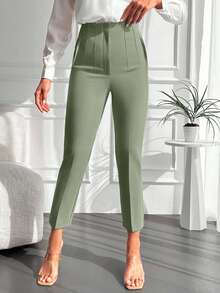 Pantaloni eleganti a vita alta, a forma conica, in tessuto elasticizzato, crop, di colore unito, adatti per l'uso quotidiano