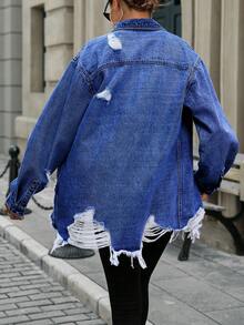 EURMUSE 女士简约日常蓝色长袖牛仔夹克 - 寶藍色 - 查看 2